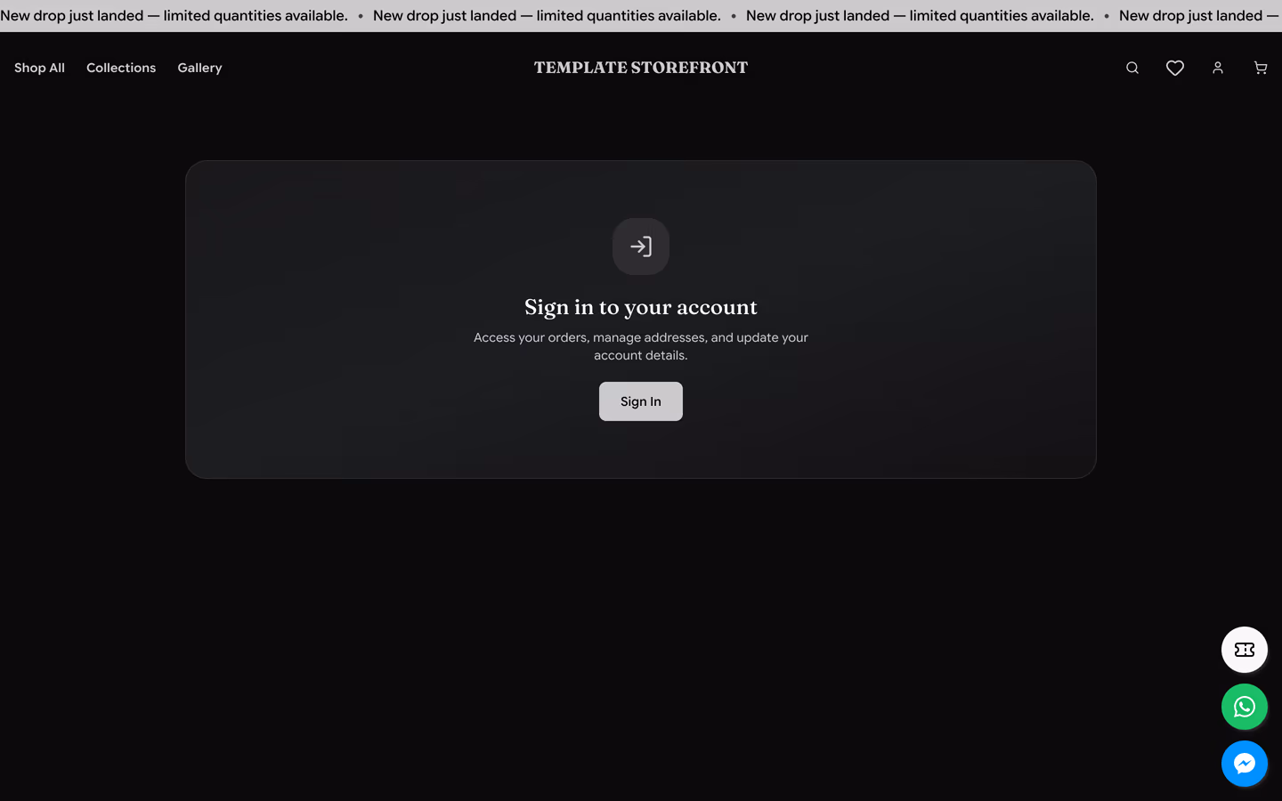 Storefront 001 account orders page — sign-in prompt for order history and tracking