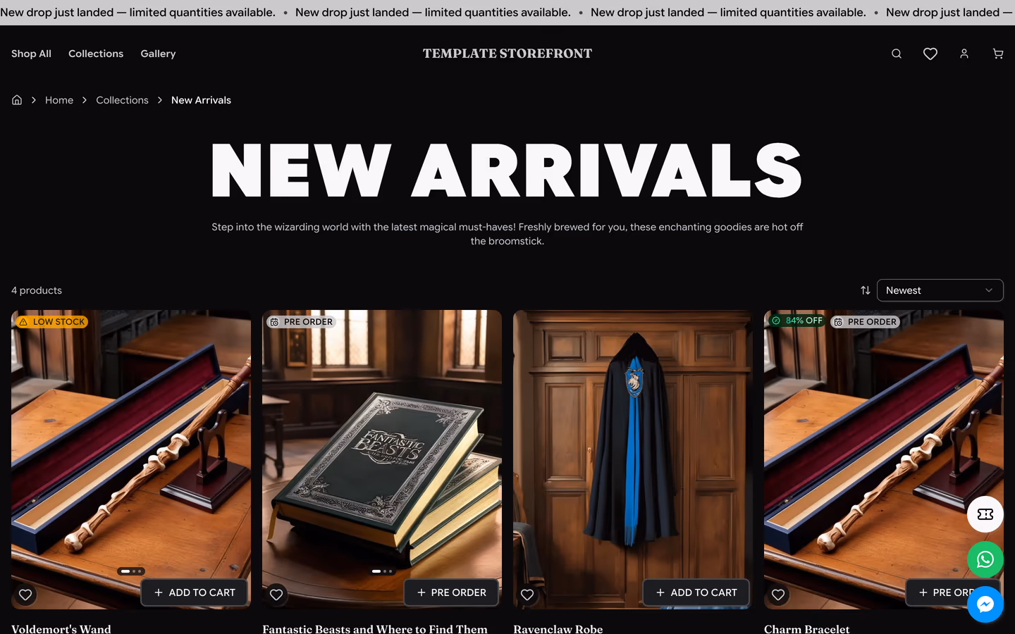 Storefront 001 new arrivals collection — bold header with product grid and sort controls