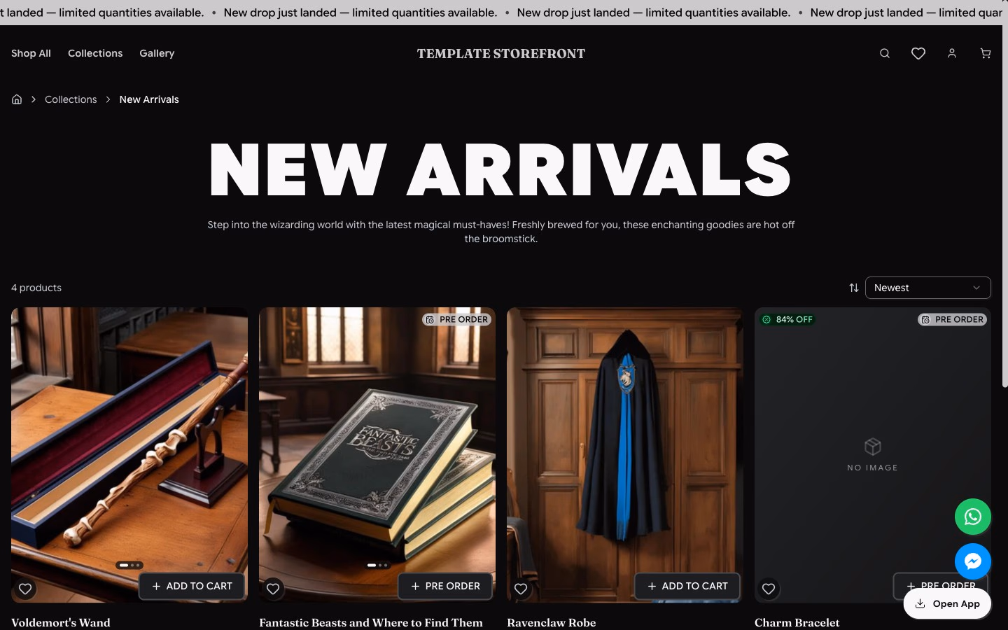 Storefront 001 new arrivals collection — bold header with product grid and sort controls