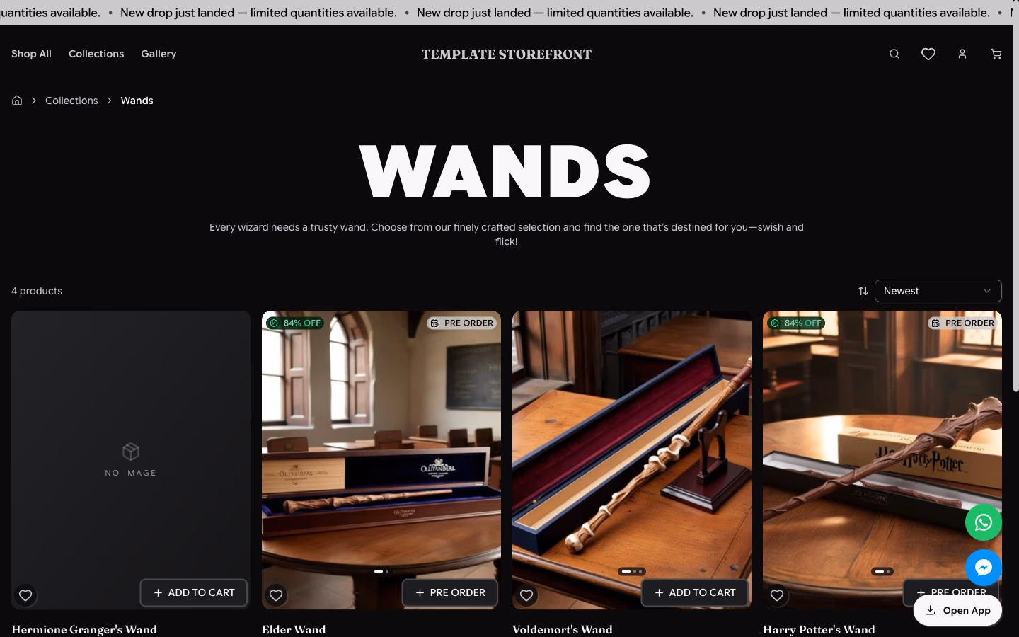 Storefront 001 wands collection — filtered product grid with variant badges and pricing