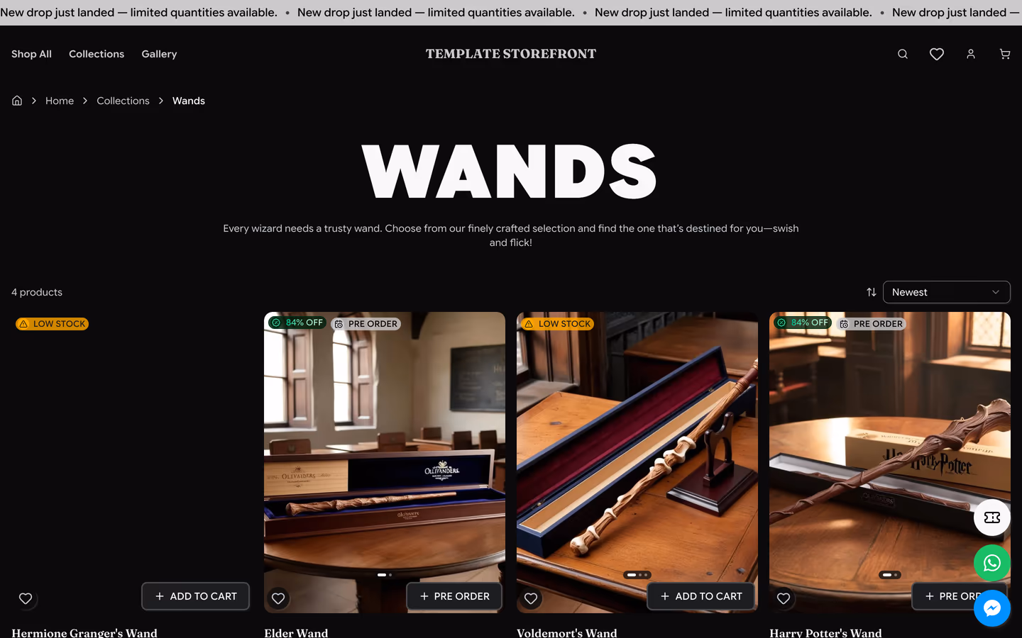 Storefront 001 wands collection — filtered product grid with variant badges and pricing