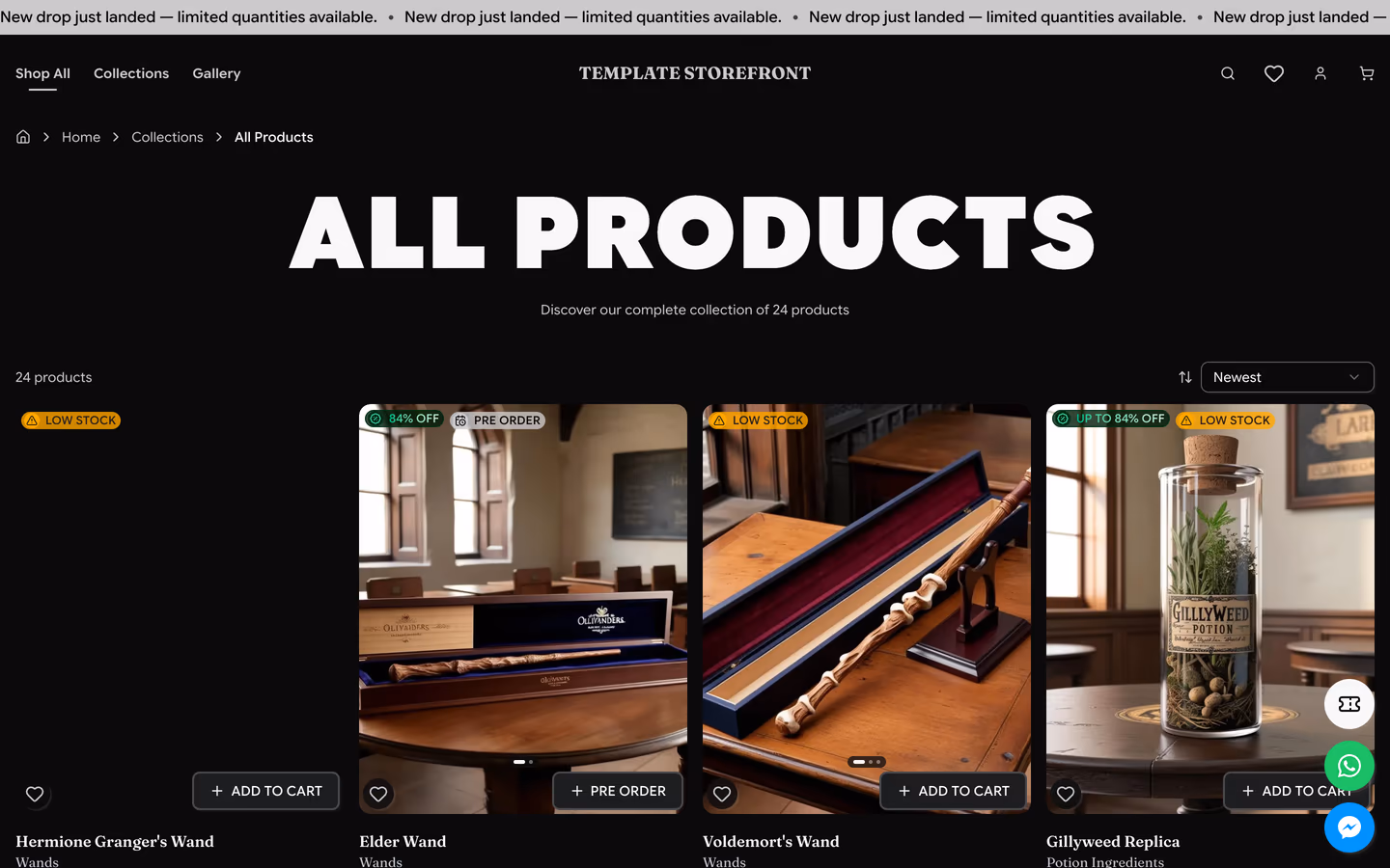 Storefront 001 all products collection page — bold header with product grid and sort controls