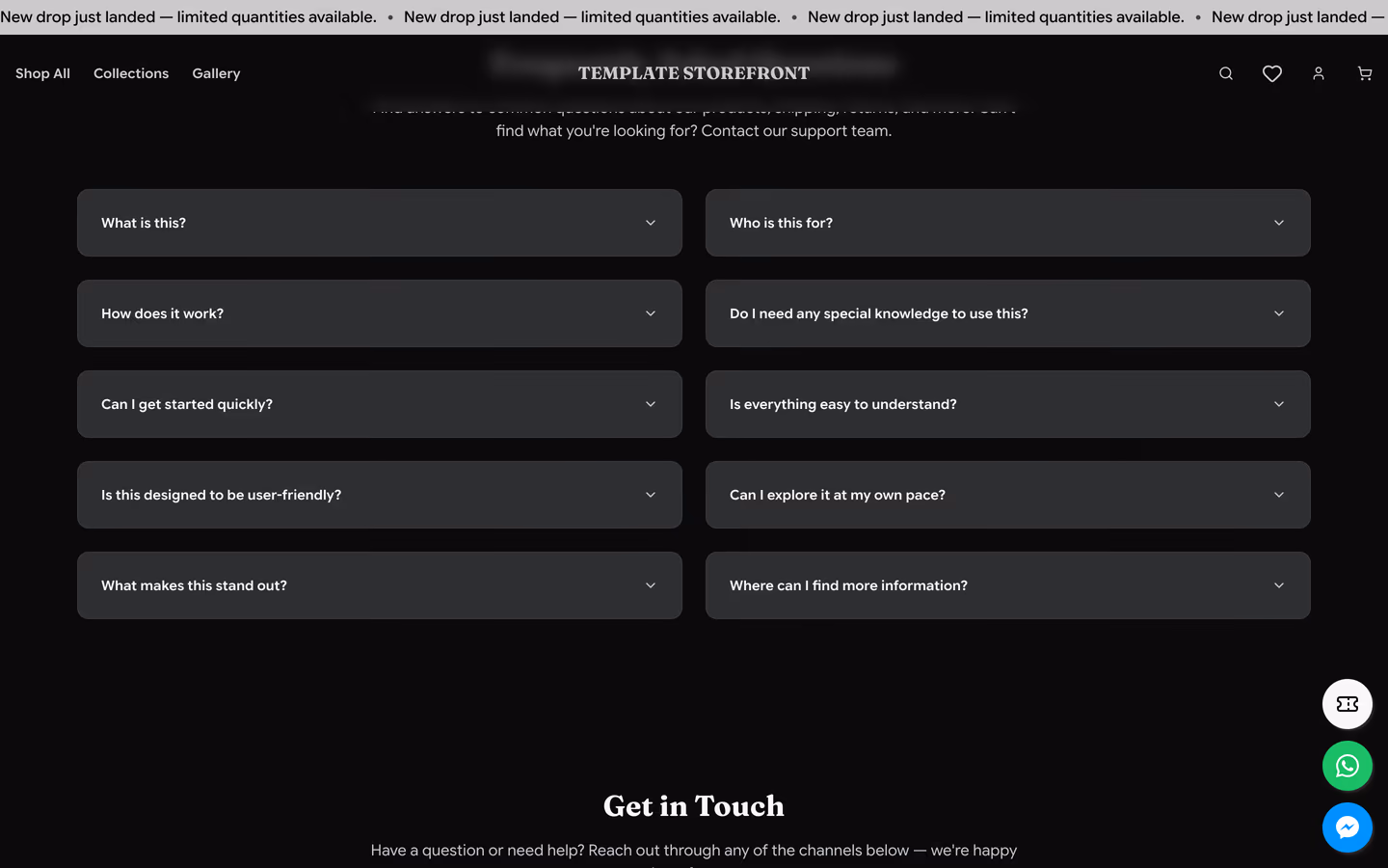 Storefront 001 homepage FAQ section — trust-building questions and collapsible answers