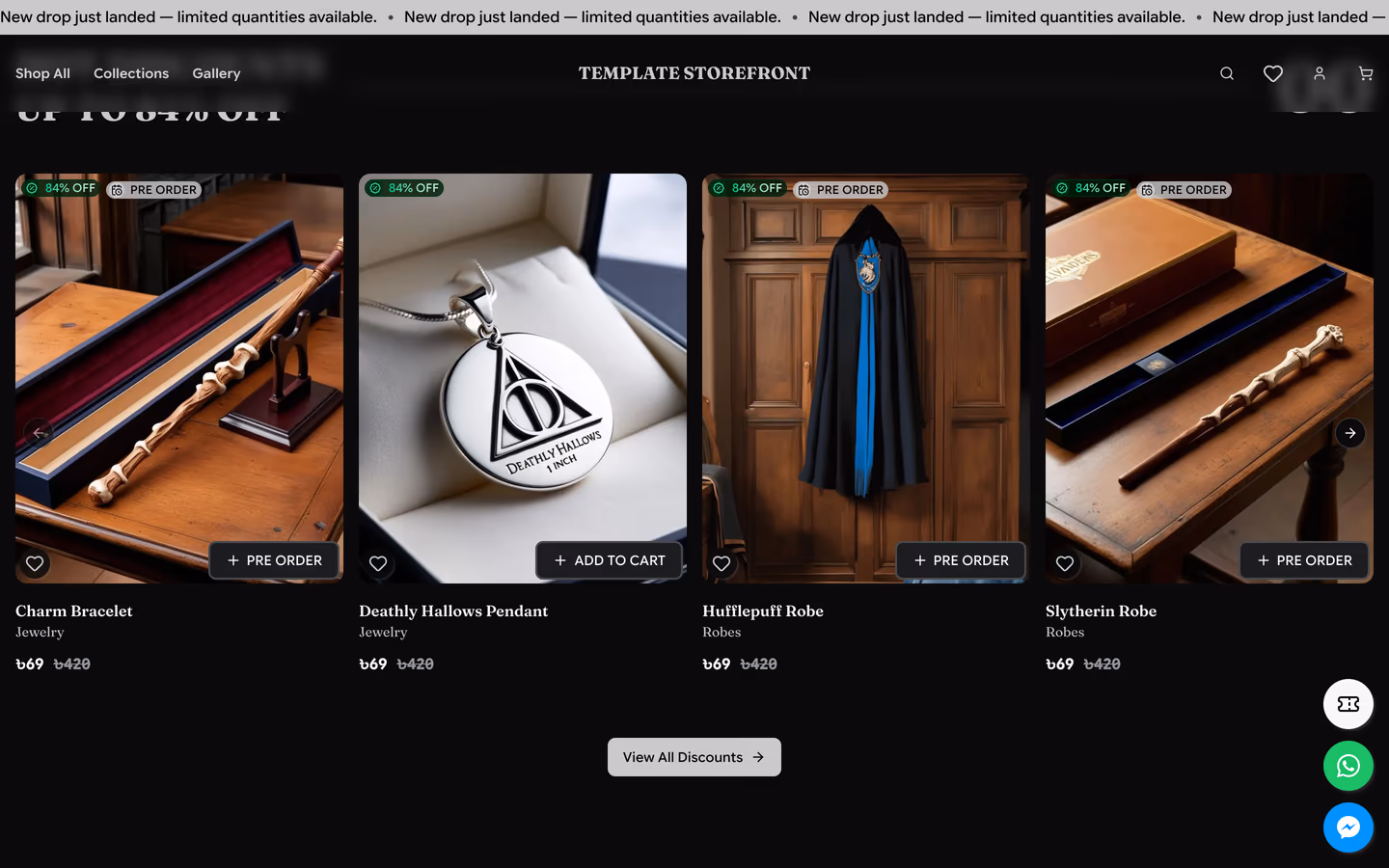 Storefront 001 homepage product rail — discount section with product cards and add-to-cart