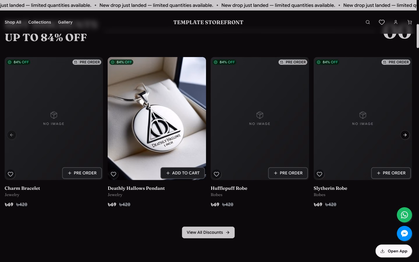 Storefront 001 homepage product rail — discount section with product cards and add-to-cart