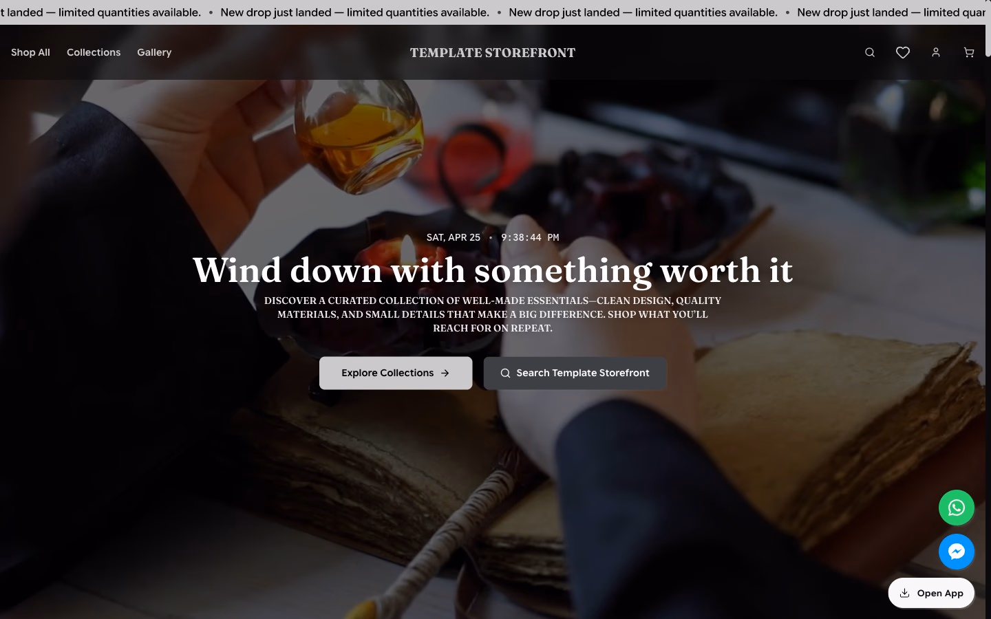 Storefront 001 homepage hero — full-bleed product background with announcement bar and navigation