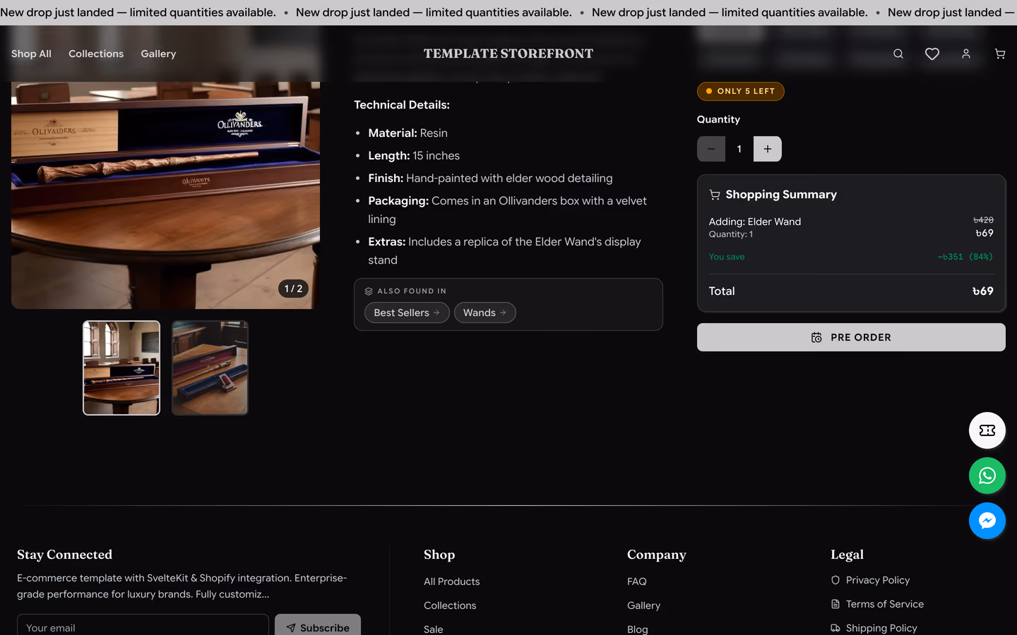 Storefront 001 product detail — variant selection, technical specifications, and shopping summary with pre-order