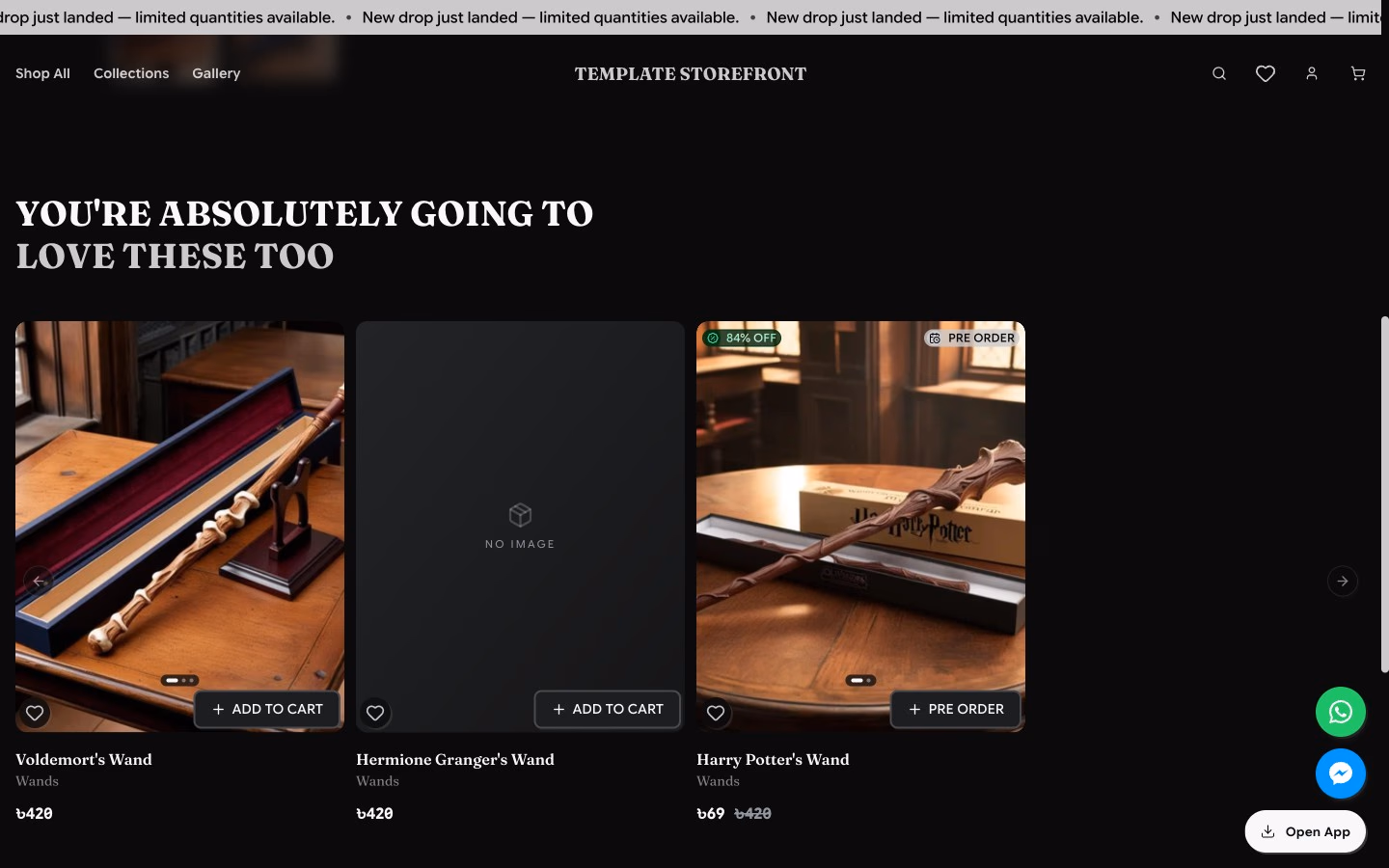 Storefront 001 product page scrolled — related products rail and cross-sell recommendations