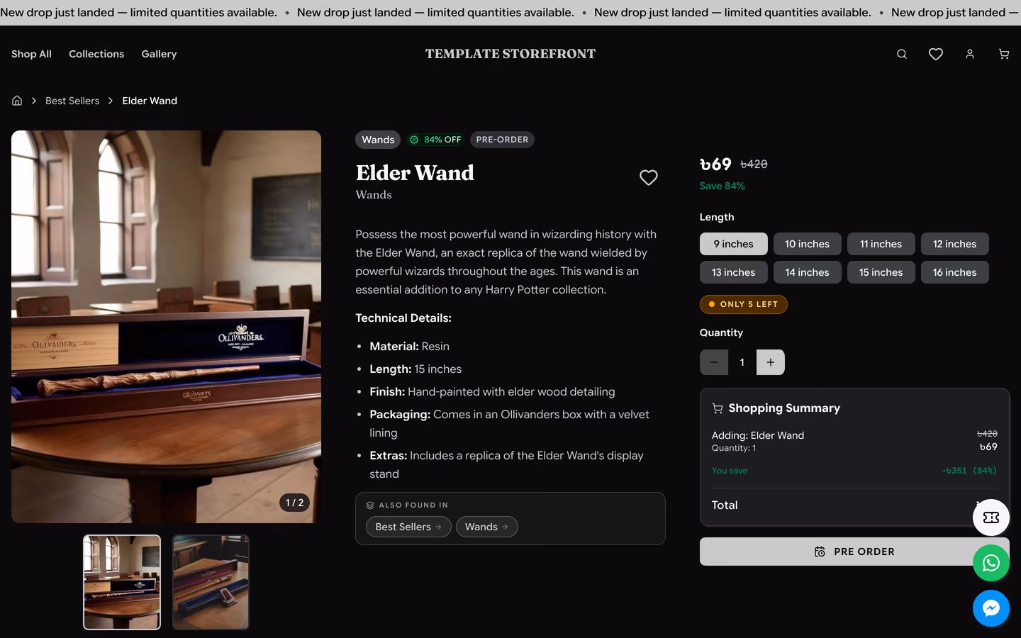 Storefront 001 product detail page — image gallery, variant selector, and shopping summary