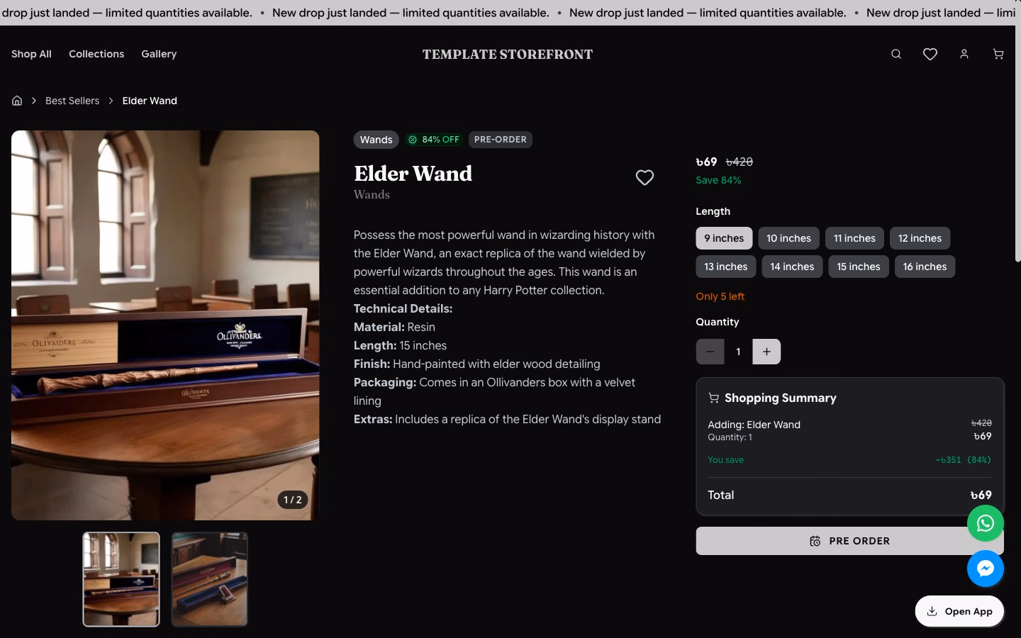 Storefront 001 product detail page — image gallery, variant selector, and shopping summary