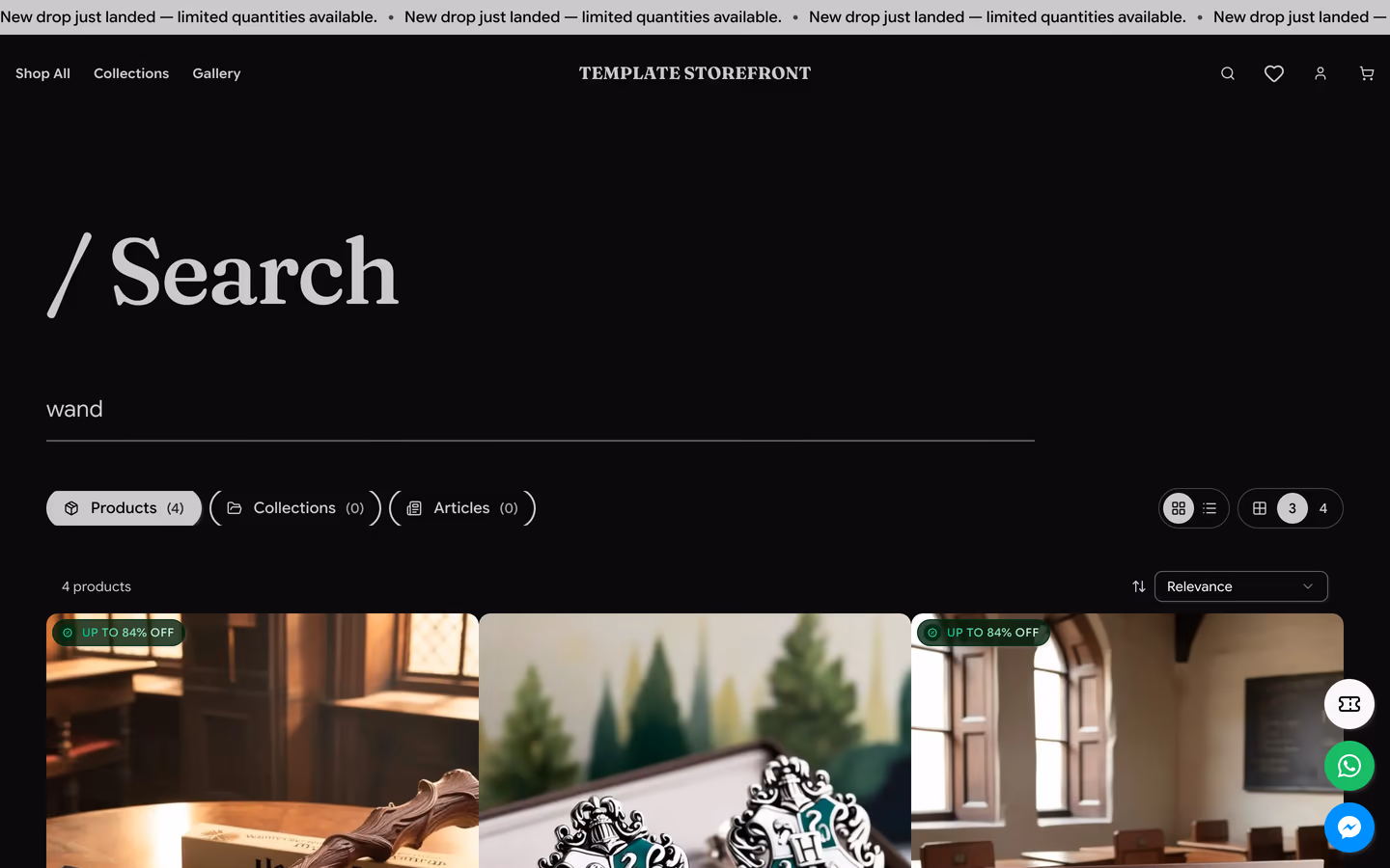 Storefront 001 search results page — tabbed results with products, collections, and articles