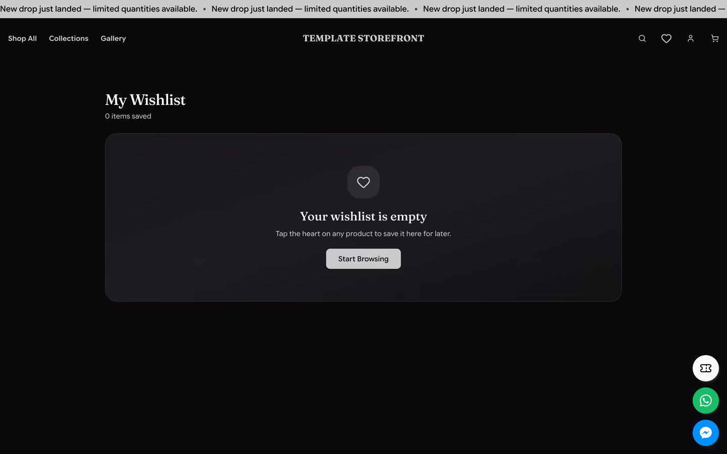 Storefront 001 wishlist page — saved products with continue shopping prompt