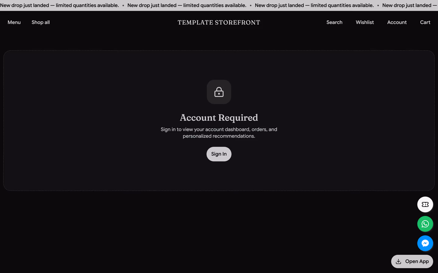 Storefront 002 account orders page — auth-gated state with sign-in prompt
