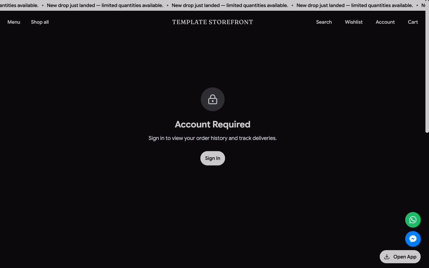 Storefront 002 account orders page — auth-gated state with sign-in prompt