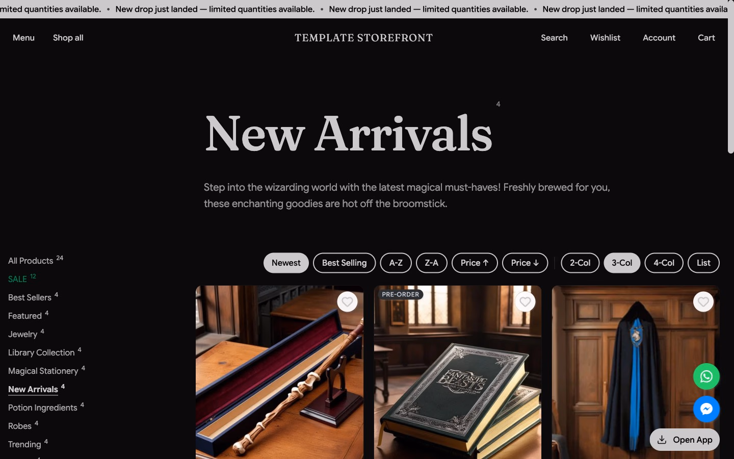 Storefront 002 new arrivals collection — editorial serif heading with sidebar filters and product grid