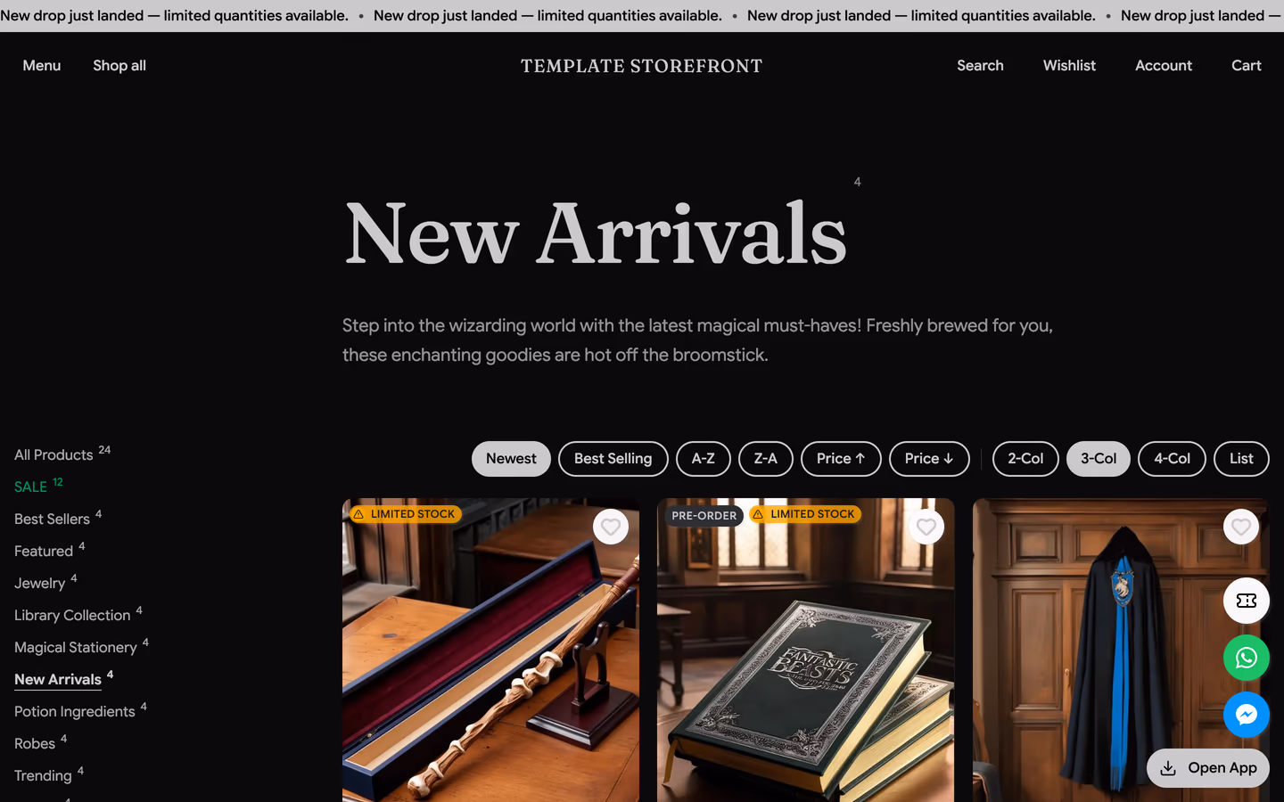 Storefront 002 new arrivals collection — editorial serif heading with sidebar filters and product grid