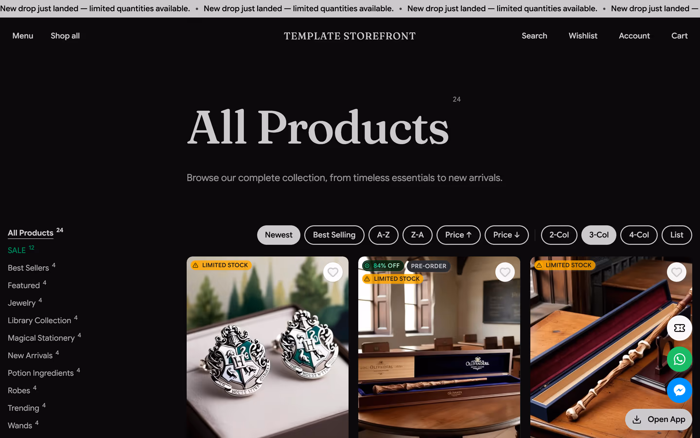 Storefront 002 all products collection page — editorial heading with sidebar filters and product grid
