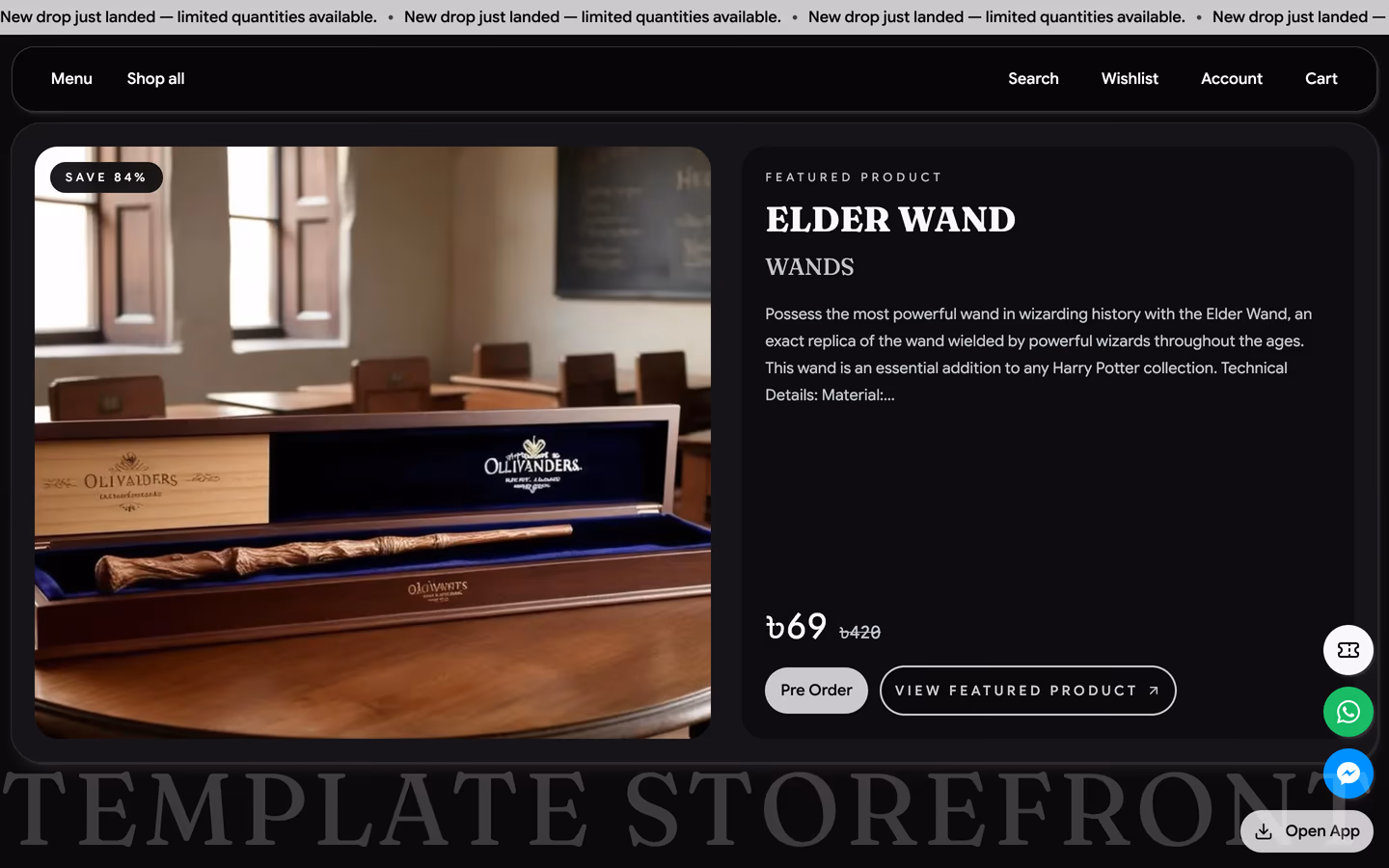 Storefront 002 homepage featured product module — editorial spotlight with pre-order and view product CTAs