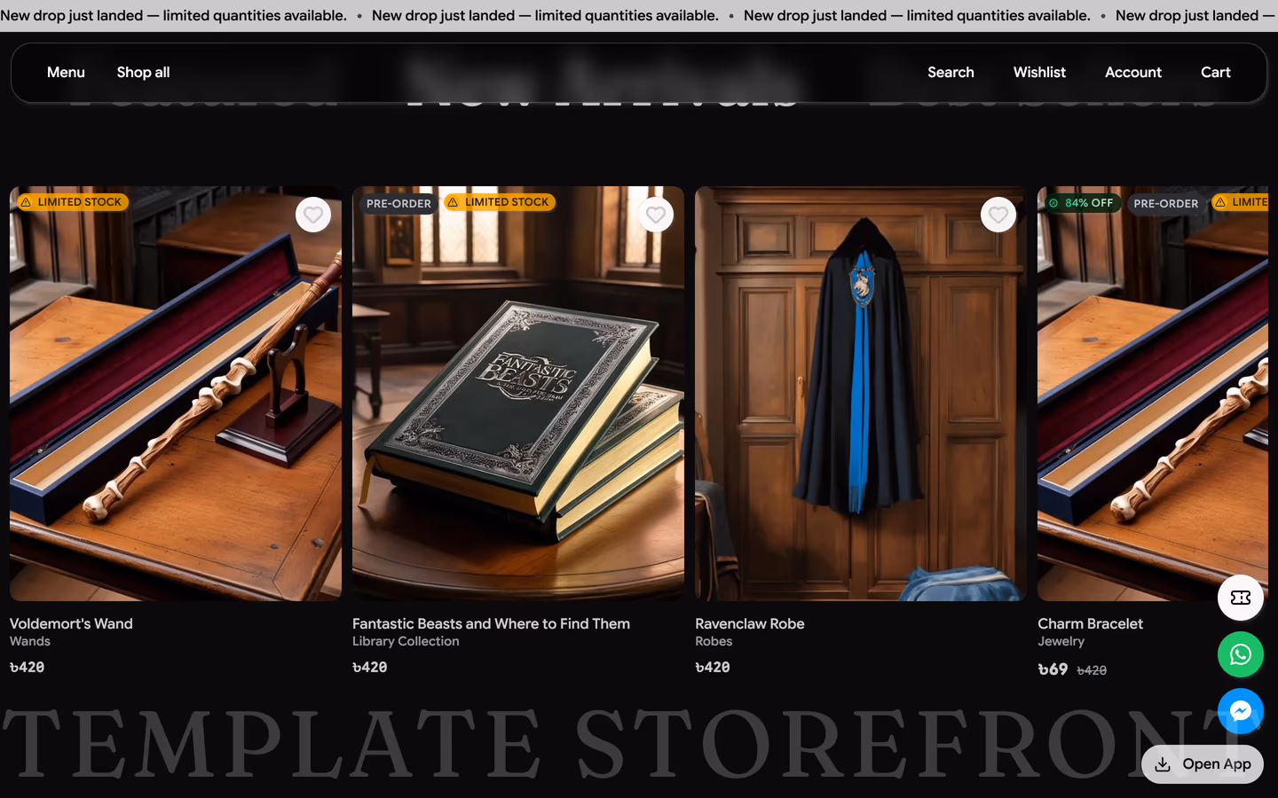 Storefront 002 homepage featured products rail — editorial product cards with pricing