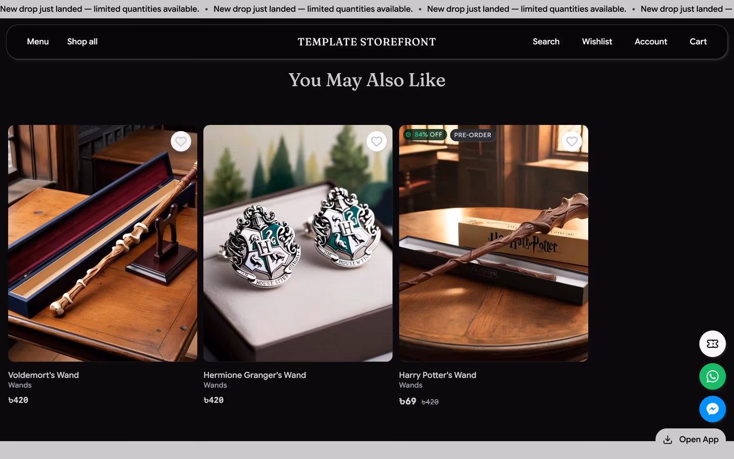 Storefront 002 product detail scrolled — you may also like related products rail with cross-sell recommendations