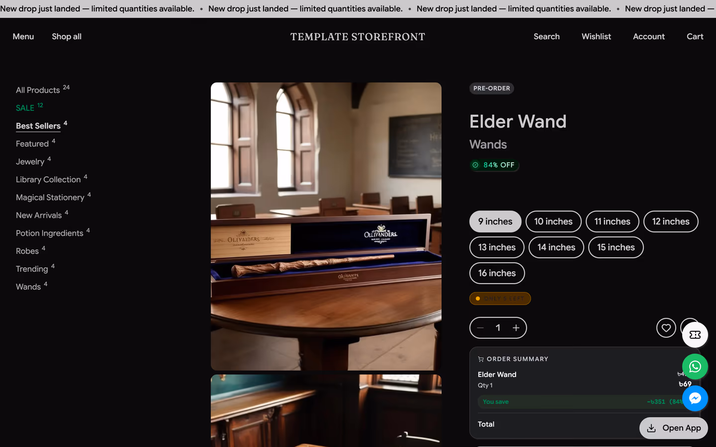 Storefront 002 product detail page — sidebar category navigation with large product image and variant pills