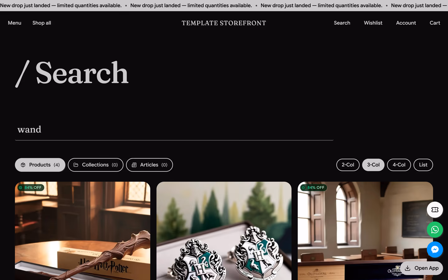 Storefront 002 search results page — minimal search layout with product and collection tabs