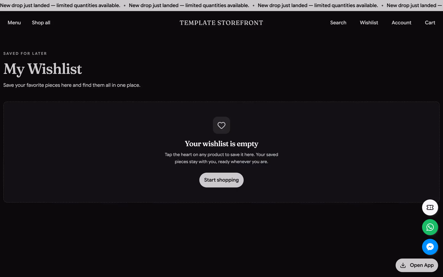 Storefront 002 wishlist page — empty state with editorial heading and start shopping prompt