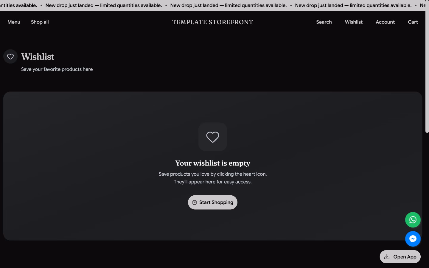 Storefront 002 wishlist page — empty state with editorial heading and start shopping prompt
