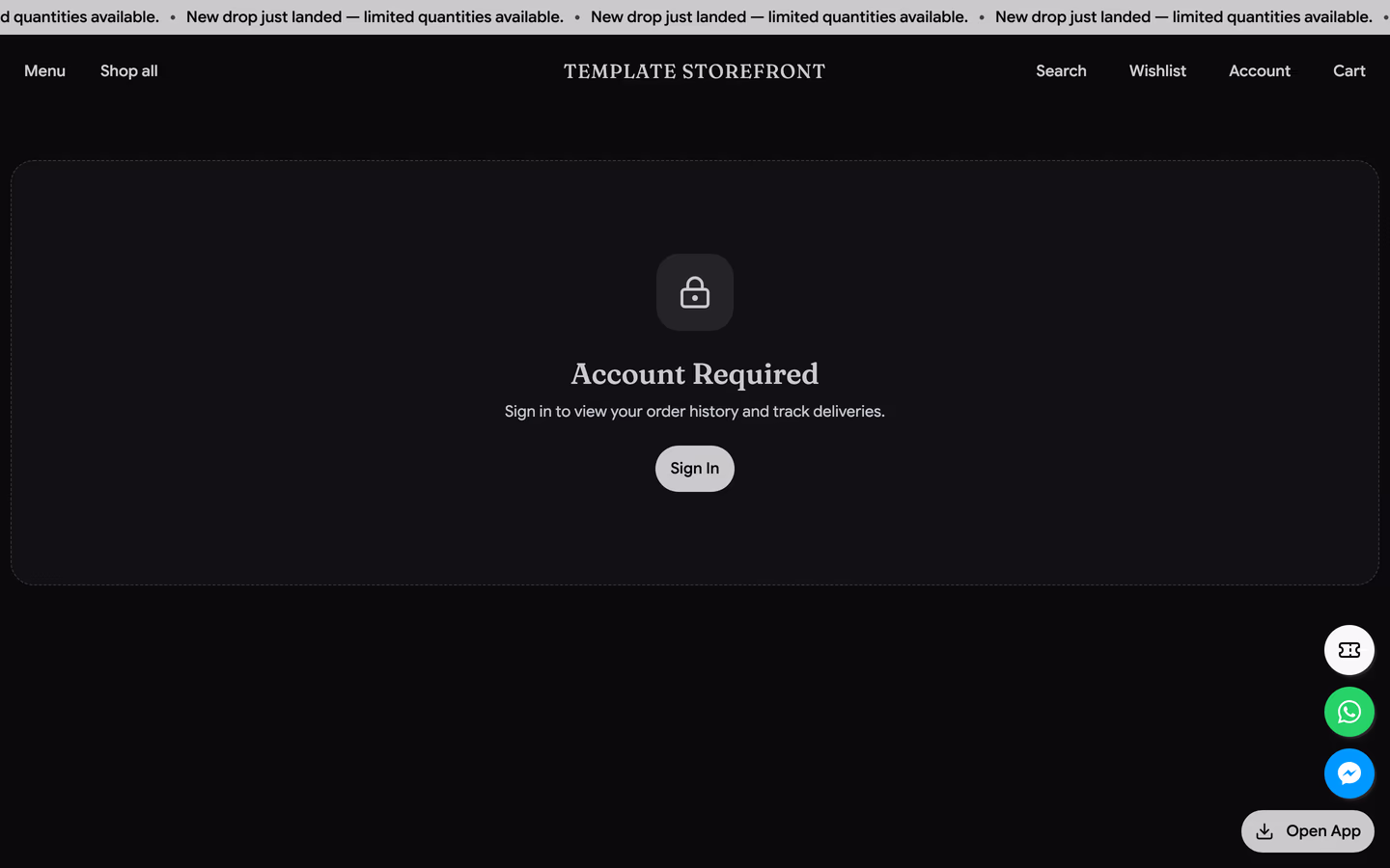Storefront 004 account orders page — account required sign-in gate in a dashed panel with a lock icon tile