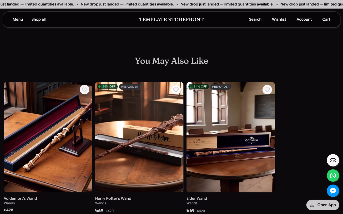 Storefront 004 product page scrolled — pairs well with related product rail beneath a floating pill navigation bar