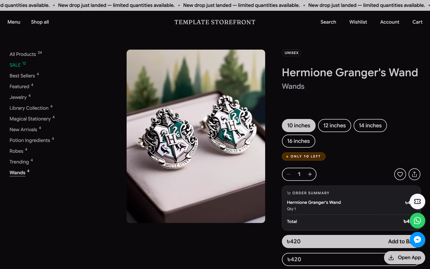 Storefront 004 product detail — left category rail, large square product image, and a variant picker beside an order summary card