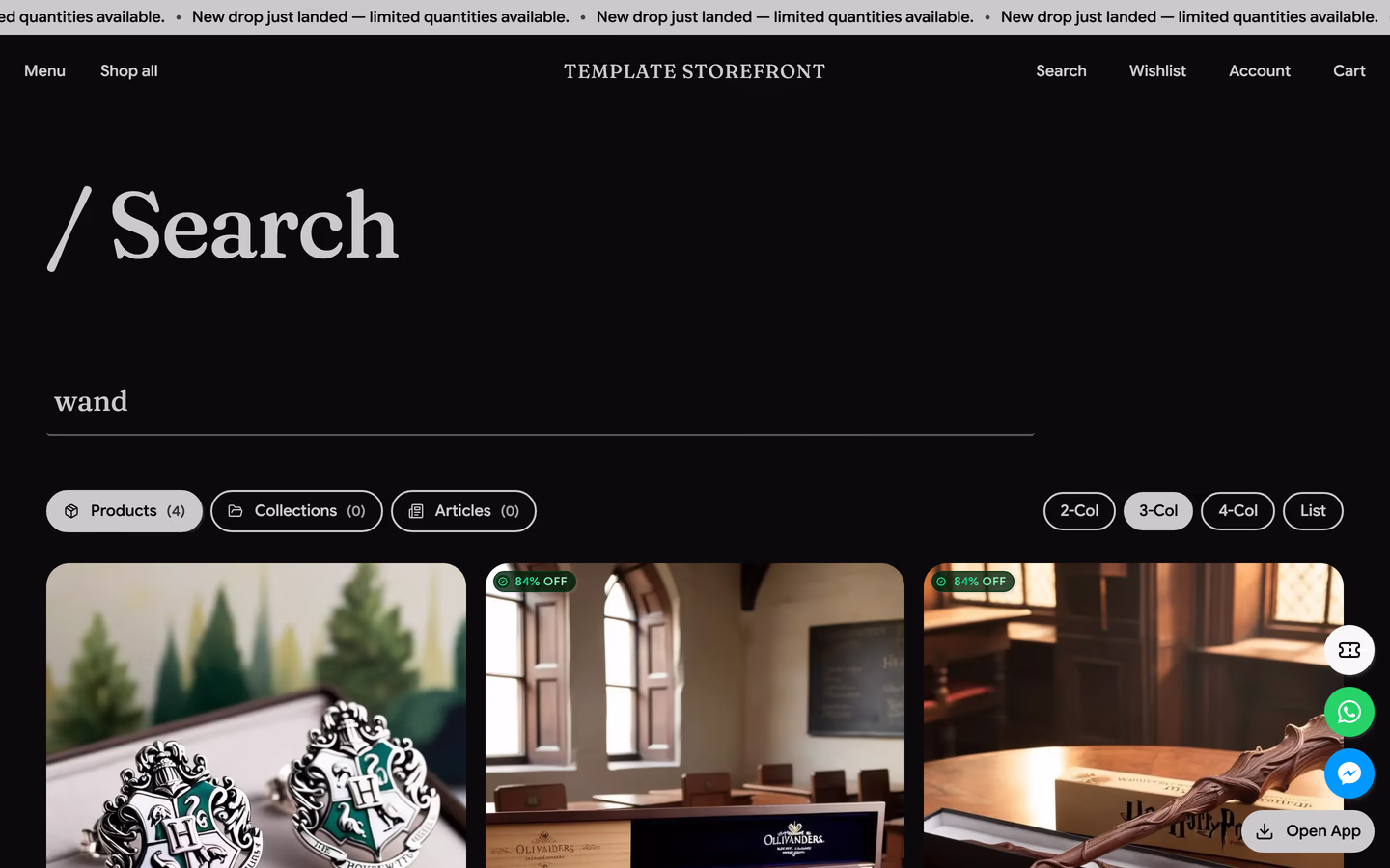 Storefront 004 search results — serif slash heading, underlined query field, and product, collection, and article filter pills