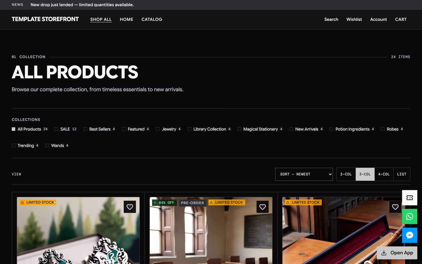 Storefront 005 all products collection — hairline-ruled masthead above a horizontal checkbox filter bar and square-cornered product cells