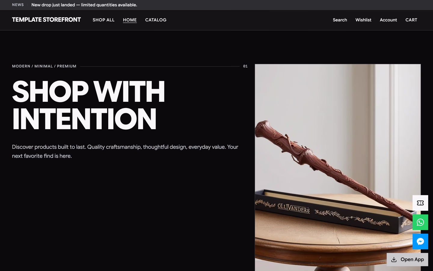 Storefront 005 homepage hero — Swiss split grid with an oversized uppercase grotesque headline, hairline rules, an 01 index numeral, and a product image cell