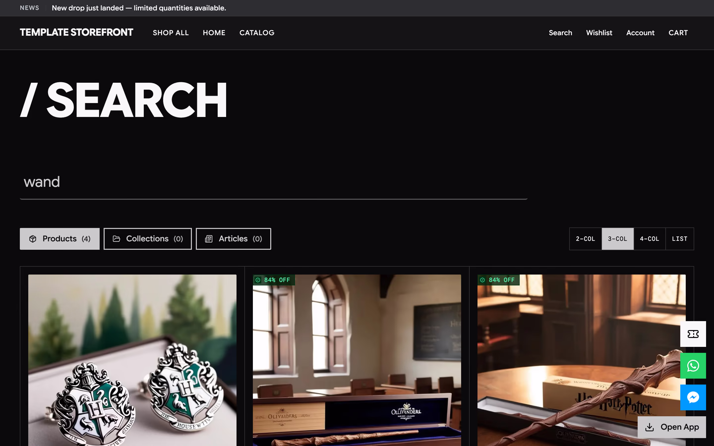 Storefront 005 search results — giant uppercase slash search heading over a rule-underlined query field and rectangular result tabs