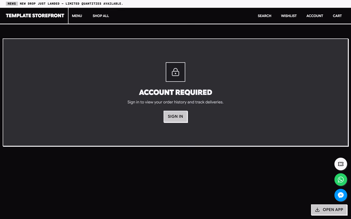 Storefront 006 account orders page — thick-bordered sign-in gate with a boxed padlock icon and a hard-edged sign-in button