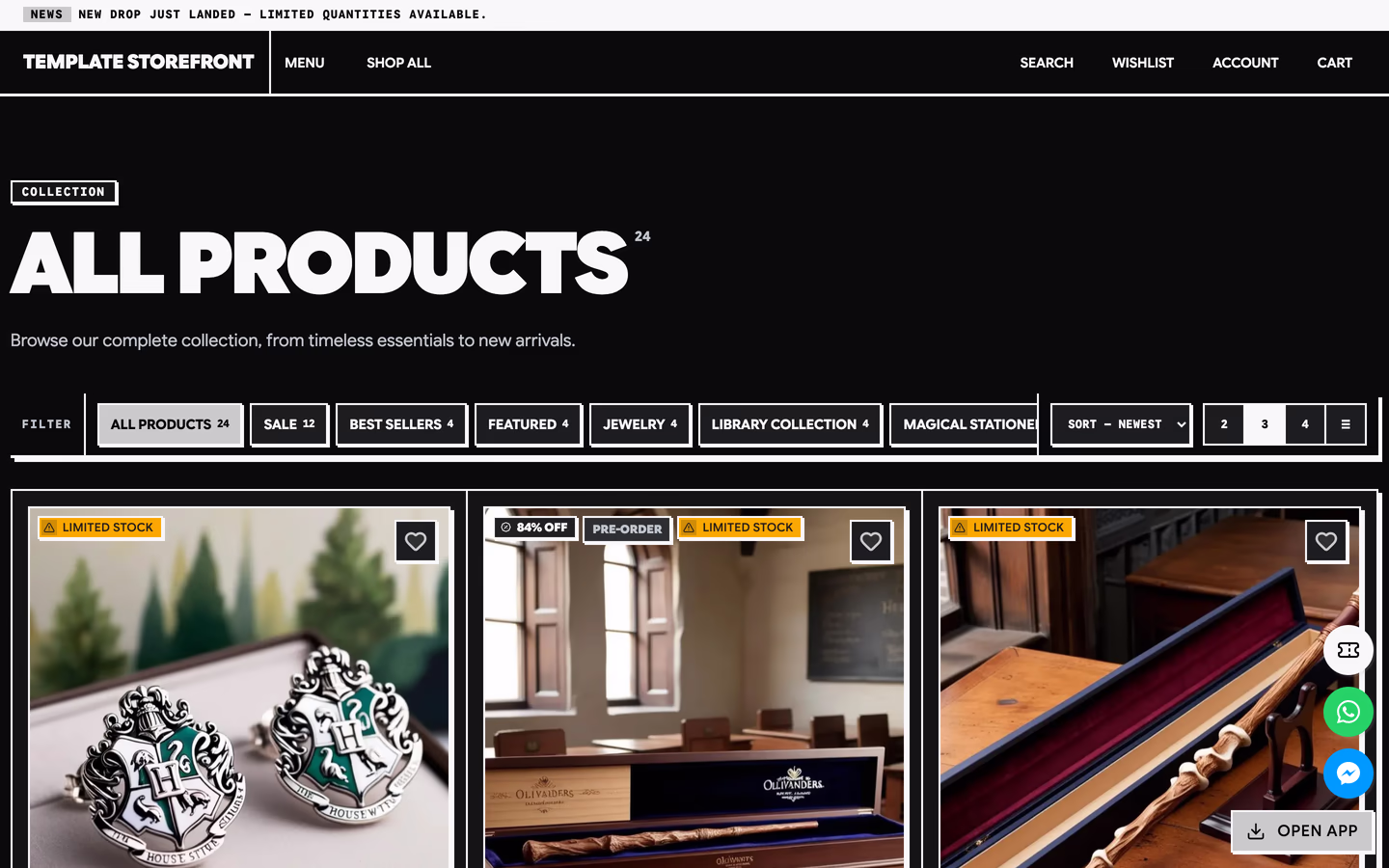 Storefront 006 all products collection — bordered filter chips and a boxed sort select above thick-framed product cells with square badges