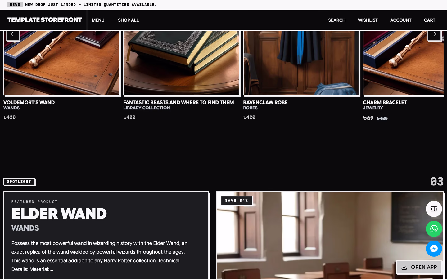 Storefront 006 homepage product carousel — bordered product cells with square arrow controls and monospace prices