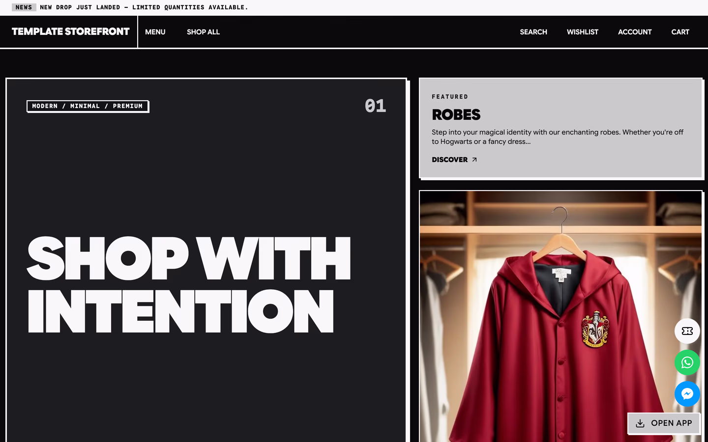 Storefront 006 homepage hero — thick-bordered type slab with an ultra-bold all-caps headline, a boxed logo, and a framed trending panel