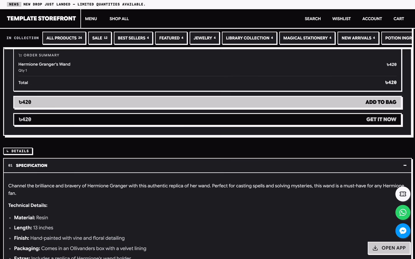 Storefront 006 product page scrolled — bordered order summary block above blocky add to bag and get it now action bars