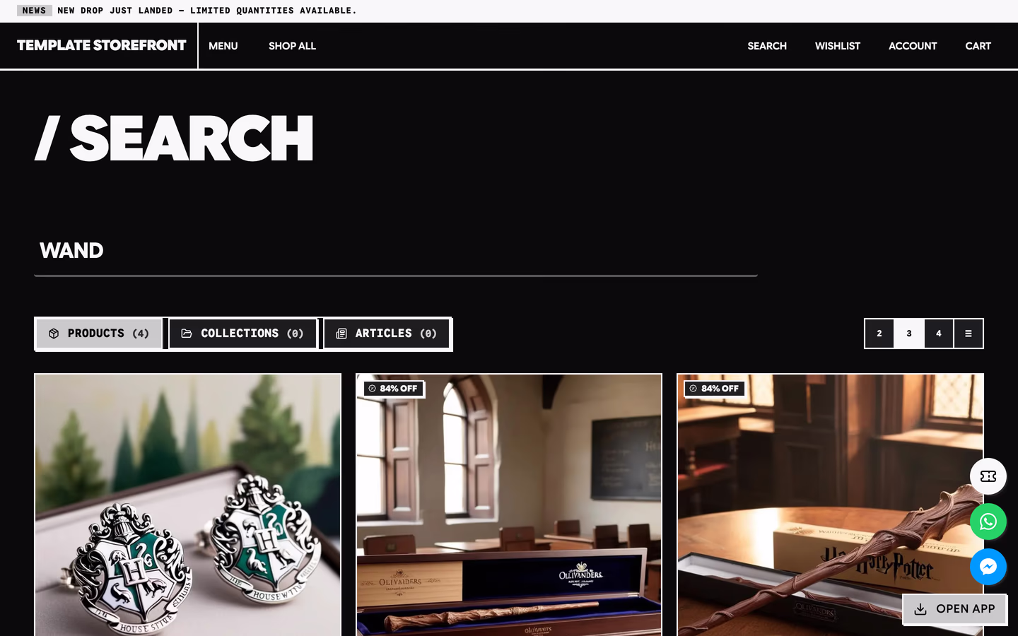 Storefront 006 search results — oversized all-caps slash search heading with bordered segmented result tabs and blocky pagination