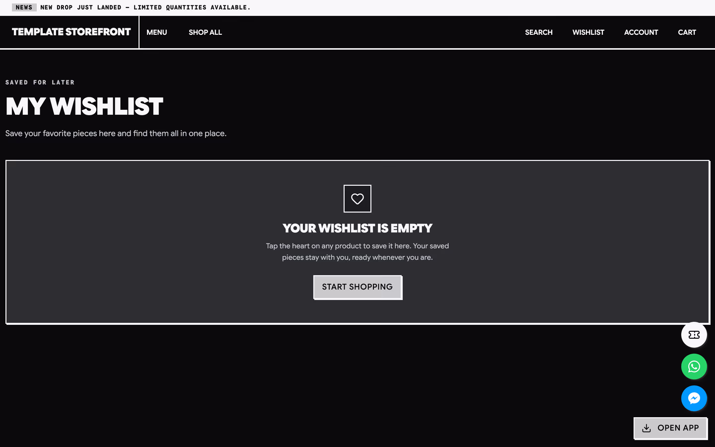 Storefront 006 wishlist page — empty state in a thick-bordered panel with a boxed heart icon and a hard-edged start shopping button