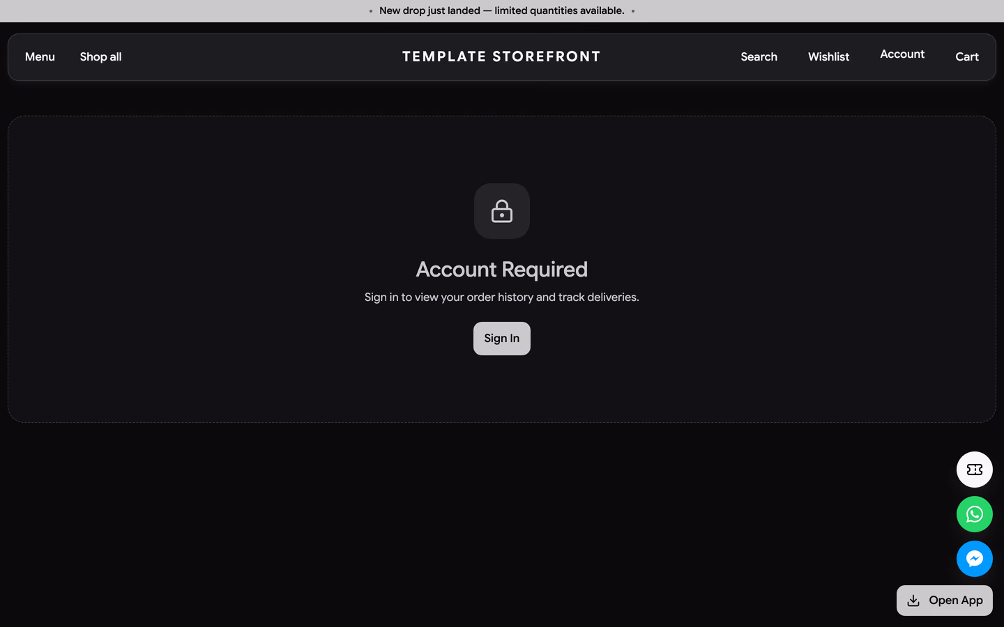 Storefront 007 account orders page — dashed rounded tile with a lock icon chip and a sign-in button