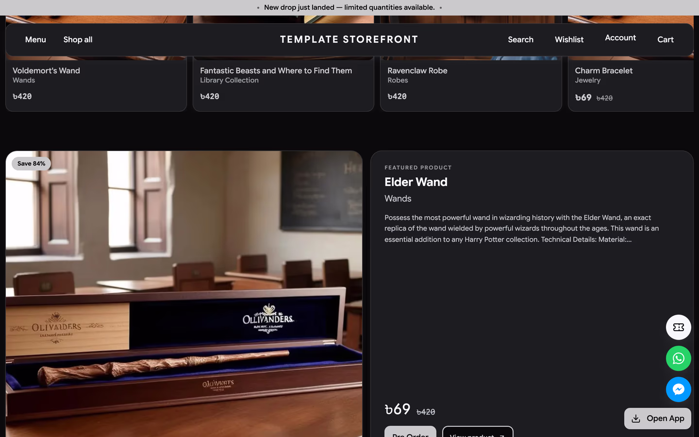 Storefront 007 homepage product tiles — rounded product cards with tabular prices above a featured product bento split