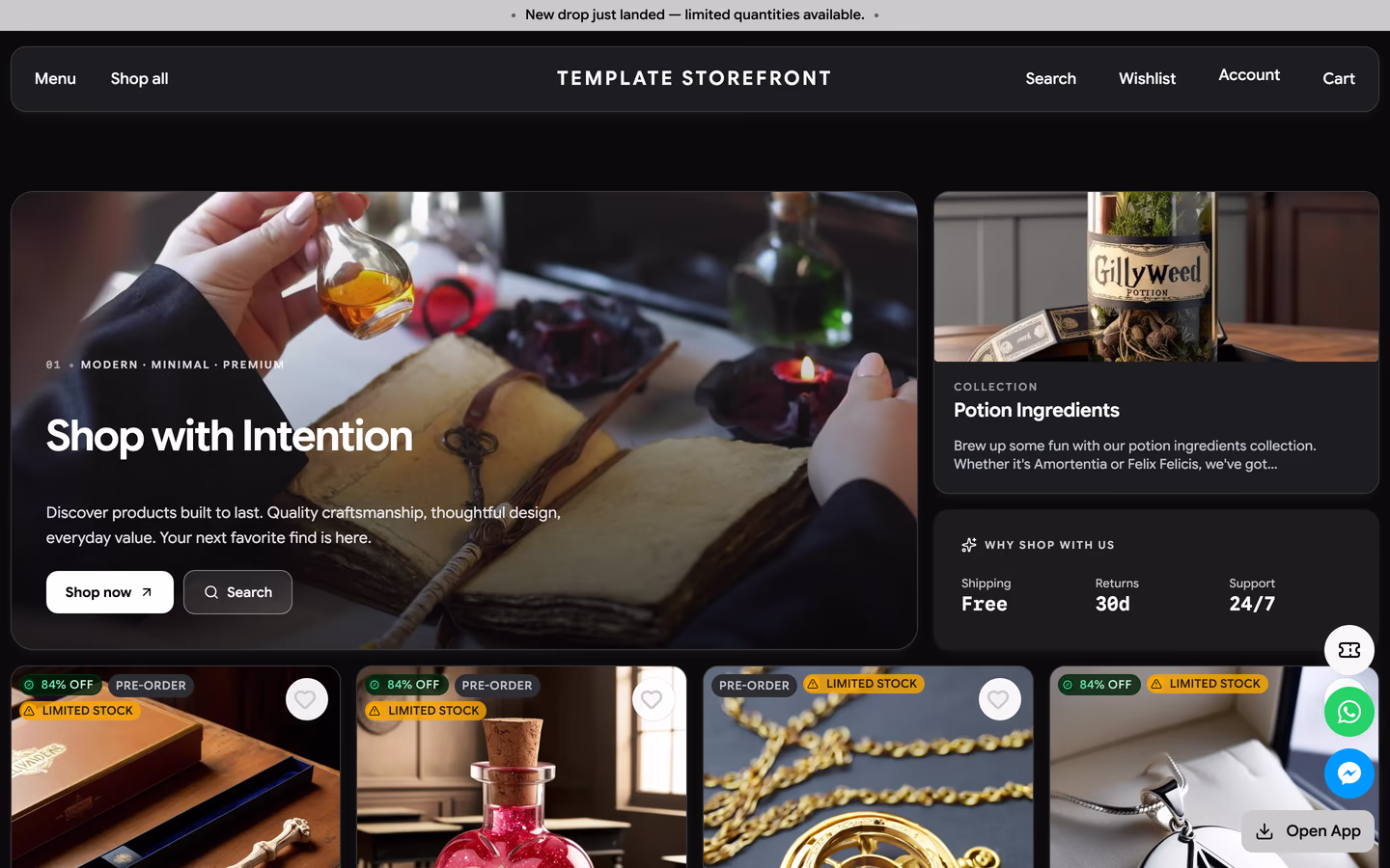 Storefront 007 homepage hero — bento tile cluster pairing a hero image tile with a collection tile and a shipping, returns, and support stat tile