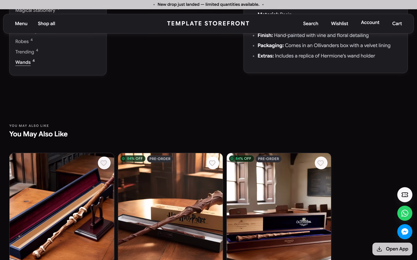 Storefront 007 product page scrolled — bulleted specification tile above a rounded pairs well with recommendation row