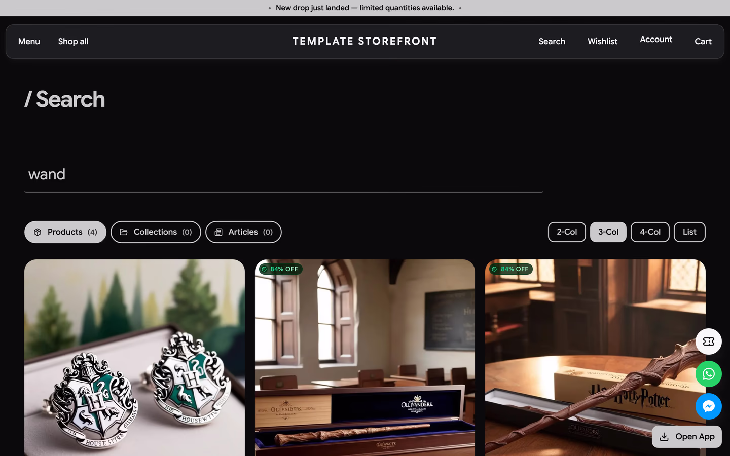 Storefront 007 search results — slash search heading with underlined query field and segmented product, collection, and article pills