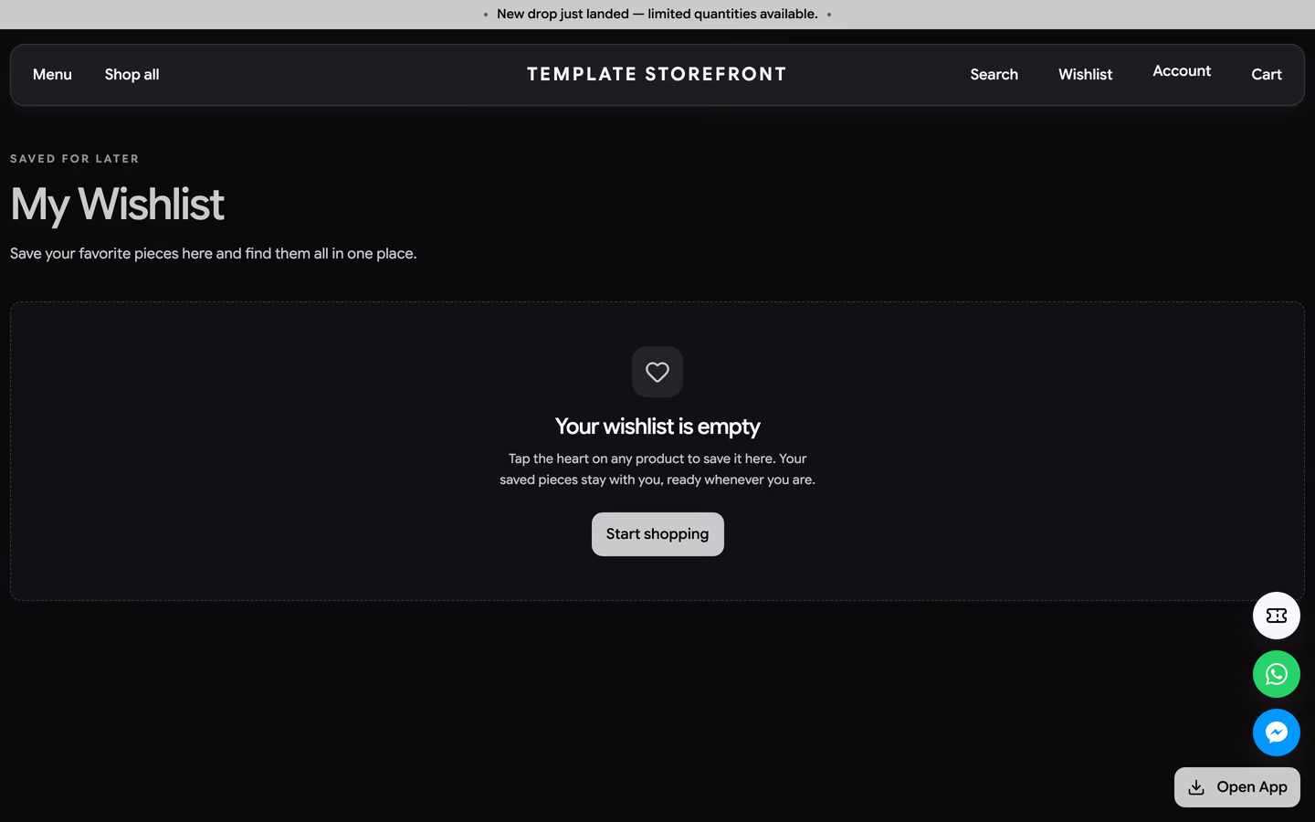 Storefront 007 wishlist page — empty state in a dashed rounded tile with a heart icon chip and a start shopping button