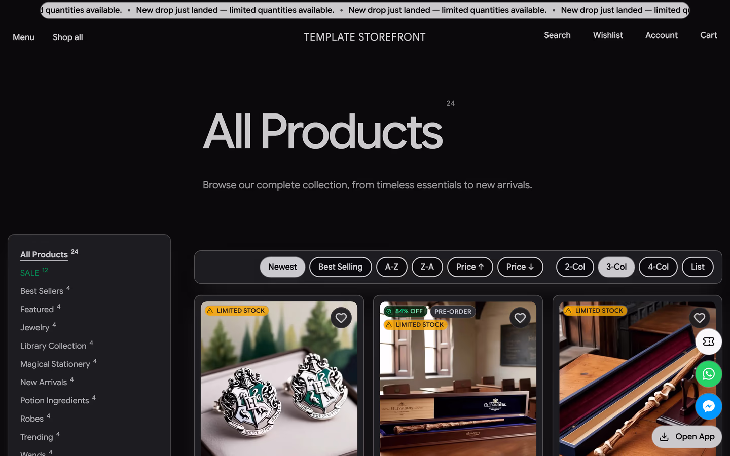 Storefront 008 all products collection — category rail wrapped in a raised rounded panel beside elevated product cards