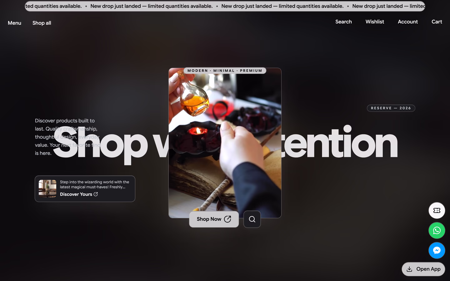 Storefront 008 homepage hero — a product plate floating at centre stage, occluding an oversized headline, beside a reserve 2026 chip